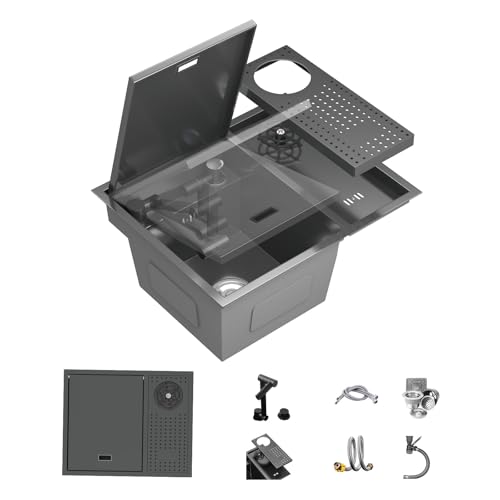 FVVJVV Topmount Bar Sink 21.6 x 17.7 Inch Stainless Steel Single Bowl Workstation Kitchen Sink with Press Cup Washer and Swivel Folding Faucet