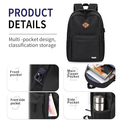 Black Backpack for School - 17.3 Inch Lightweight Daypack for Teen Boys & Girls, Simple Bookbag for Women & Men, Kids Book Bag, Mochilas Escolares para Nios4