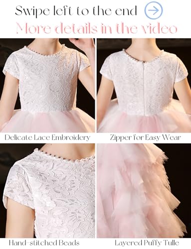 Tulle Flower Girl Dress with Beads Lace Appliques Short Sleeves Pageant Dresses for Girls Long Ball Gown Birthday Party Dress2