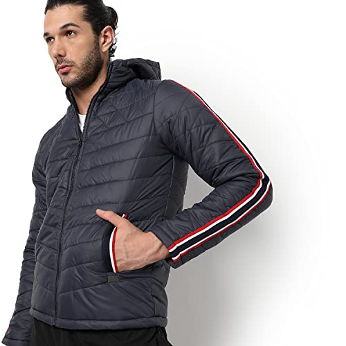 Image of CAHOOT Men's Quilted Puffer Jacket With Contrast Striped Sleeve For Casual Wear | Hood Neck | Long Sleeve | Zip Closure | Polyester Jacket Crafted With Comfort Fit For Everyday Wear