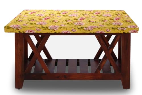 Image of The Furnishing Tree Elastic Cotton Rectangular Center Table Cover 24x48 in Inches Floral Pink Rose on Yellow Base