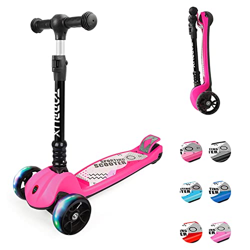 Tonbux 3 Wheel Scooter, Kids Scooters Age 3-12, Foldable Toddler Kick Scooter With 4 Adjustable Heights, Flashing 3-Wheels And Anti-Slip Deck, For Boys & Girls, Up To 110 Lbs, Rose Red #TOP6