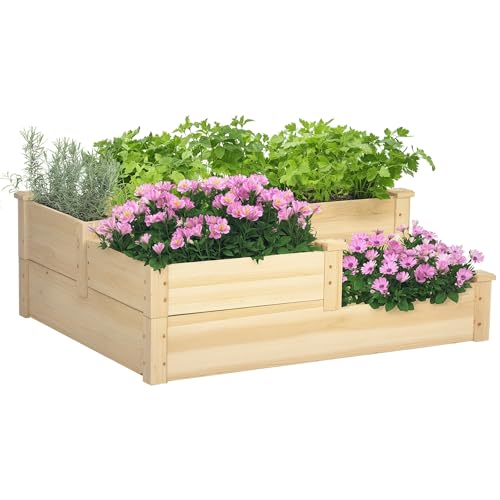 Outsunny 3 Tier Raised Garden Bed, Outdoor Planter Box, Wooden Garden Box with Open Bottom for Growing Vegetables, Herbs, Flowers, 42.5' x 34.75' x 14.25', Natural