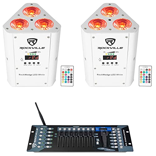 (2) Rockville RockWedge LED White Battery Powered Lights+Wireless DMX Controller