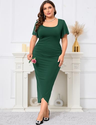 Image of ZOMVA 2024 Plus Size Cocktail Dress Comfortable Bell Sleeves Wedding Guest Square Neck Semi Formal