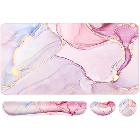 Keyboard Mouse Pad Set, Extended Mouse Pad+Keyboard Wrist Rest Support, Memory Foam Ergonomic Easy Typing, 3Pcs (35.4×15.7 in) Desk Pad Set for Home Office Study Game- Pink Marble Cover