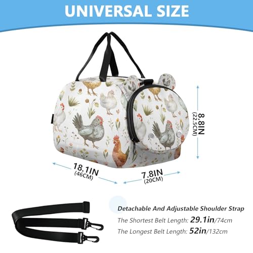 YETTASBIN Sport Travel Duffel Bag for Girls Boys, Cartoon Chickien Large Waterproof Weekender Overnight Bag, Detachable Shoulder Strap Gym Bag with Shoe Compartment & Wet Pocket3