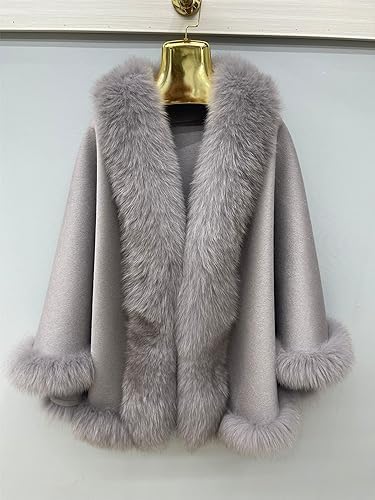NU-96 Cashmere Cape For Women Warm Outwear With Fluffy Real Fox Fur Collar Trim Wool Shawl Cloak Wrap2