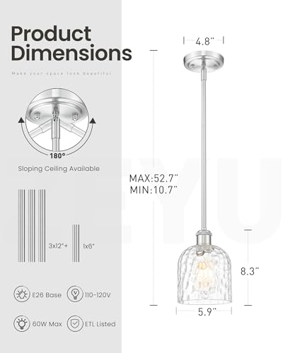 Image of zeyu Adjustable Hanging Lights for Kitchen, Large Pendant Lights Kitchen Island, Modern Hanging Pendant Lights 2 Pack with Clear Hammered Glass, Brushed Nickel Finish, ZJF63MIL-L-2PK BN