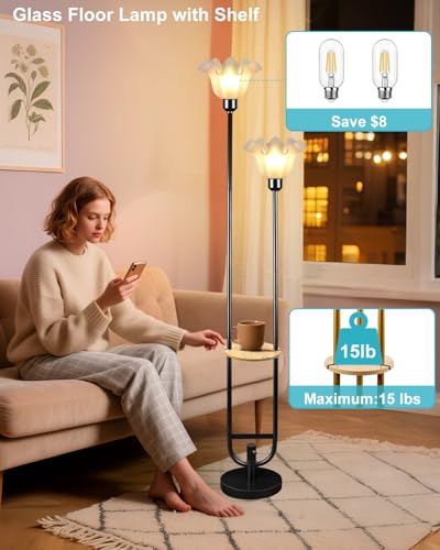 Image of 2-Light Flower Floor Lamp with Side Table, Dimmable Floor Lamp with 3000K Warm White Bulbs, Modern Black Metal Tall Standing Lamp for Living Room Bedroom Sofa Corner Home Decor