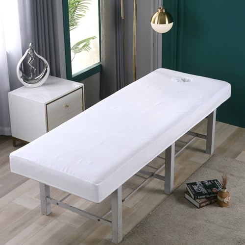 Chickwin Sábana Bajera para Camilla de Masaje Color Sólido, Algodón de Punto Sabanas con Agujero Elástica Colcha para SPA Salón de Belleza Funda para Camilla (blanco,70x190cm)