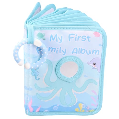 Babyalbum Weich Baby Fotoalbum 14x18cm mit Abnehmbarem Ring Haken Spiegel Schön Langlebig Tragbar Fotoalben für Babys Bietet Platz 17 5.5x7 Inch Foto für Neugeborene (Blau)