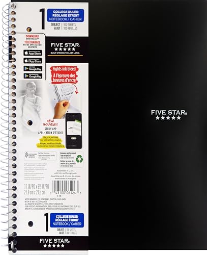 Five Star 5-Subject Spiral Notebook + Study App, 8.5" x 11" Sheet Size, College Ruled, 400 Pages/200 Sheets, Wirebound, Poly Cover, Assorted Poly Colour Covers, 1 Notebook, Colour May Vary (06046)