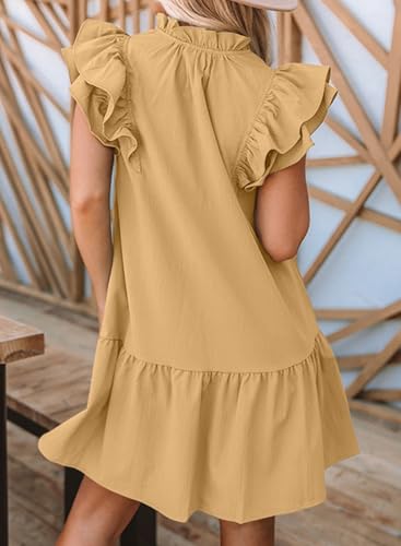 Image of Dokotoo Womens Summer Dresses 2026 V-Neck Drawstring Ruffle Cap Short Sleeve Side Pockets Mini Dress Sundress