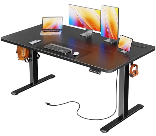Image of Huuger Electric Standing Desk with Power Outlets and USB-C Port, 55 X 24 Inch Height Adjustable Desk, Sit Stand Desk for Home Office, Computer & Gaming Desk with 4 Presets, Stable Steel Frame, Black