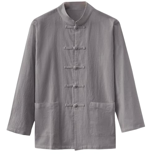 Camisa de lino para hombre casual manga larga cuello mandarín holgada retro