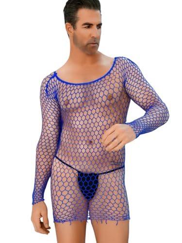 Kaei&Shi Fishnet Top,Hollow Out Long Sleeve Sheer Shirt,Sexy Lingerie for Men Date Night Club Party Blue One Size Fits All