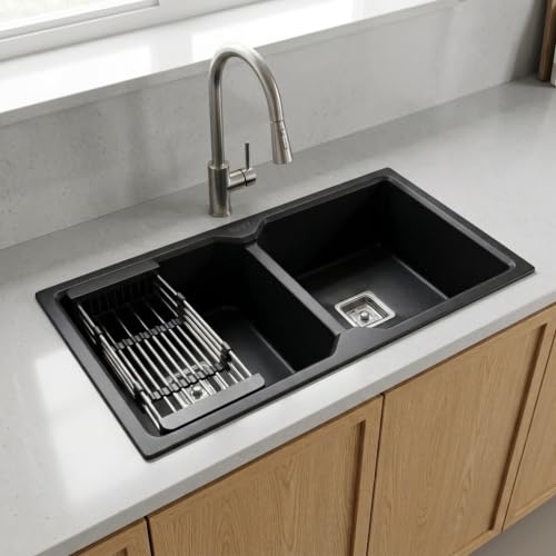 Image of GLOXY Premium Quartz Granite Double Bowl Kitchen Sink 45x20x9 Inch - Black Matte Finish Double Bowl Quartz Sink With Drainer Basket, Coupling Hose Pipe - Scratch Resistant Undermount & Topmount Sink