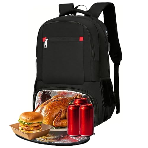 PEAGLOB Mochila de 43 cm com compartimento térmico, bolsa de ombro, lancheira, antifurto, para escritório, com orifício de carregamento USB e orifício para fones de ouvido, durável, impermeável, preta