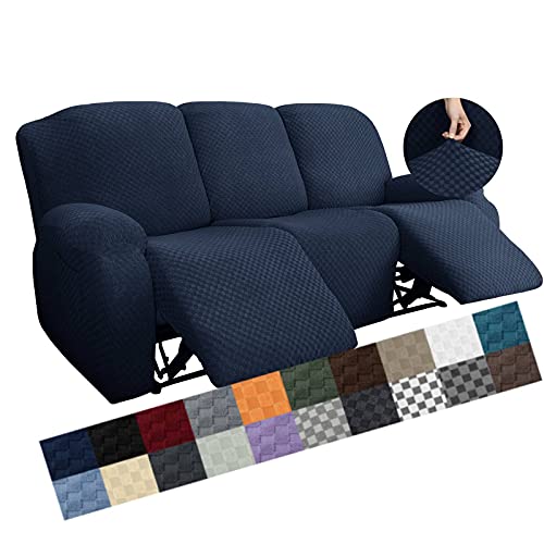 Image of YEMYHOM 8 Pieces Stretch Recliner Sofa Cover Jacquard Reclining Couch Cover with Side Pocket Anti-Slip Fitted 3 Cushion Furniture Slipcovers with Elastic Bottom (Large, Navy)