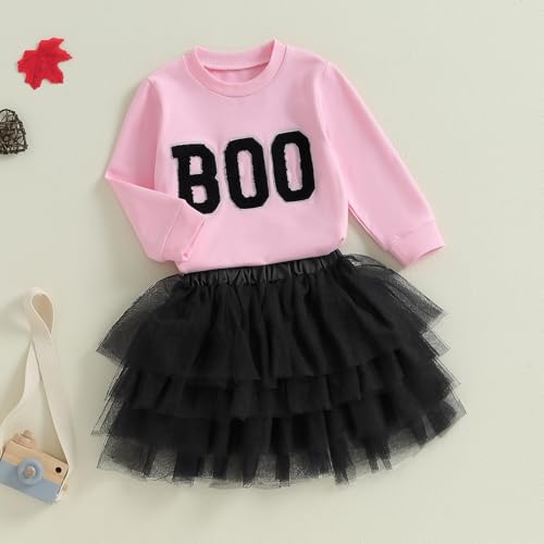 Image of FYBITBO Halloween Outfits For Toddler Girls Baby Kids Boo Sweatshirt Long Sleeve Shirt Tutu Skirt Dress Fall Clothes Sets