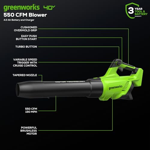 Greenworks 40V (130 MPH / 550 CFM ) Brushless Axial Leaf Blower, Ultra-Powerful for Wet Leaves, Heavy Debris, Gravel and Driveway Snow, Includes 4.0Ah Battery and Charger - Image 4