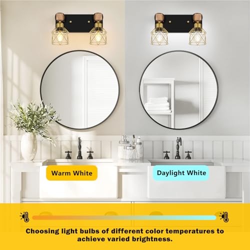 Image of FadimiKoo Rustic Style Wood Bathroom Wall Sconces, 2-Light Black Gold Bathroom Vanity Light Fixtures with Metal Shade, Light Fixtures Wall Mount for Living Room, Hallway, Dressing Table