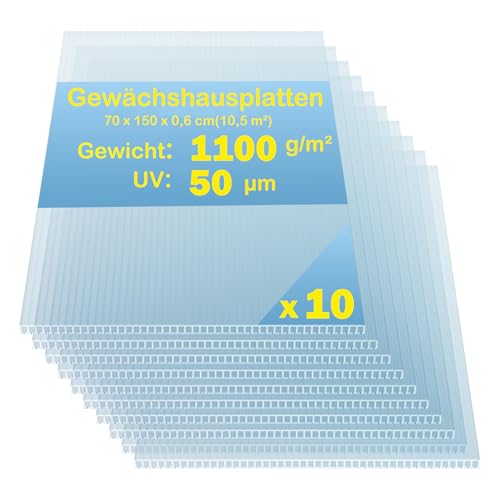 10xDoppelstegplatten 6mm,150x70cm Polycarbonat 10,5m² GewäChshaus Platten,Hohlkammerplatten,Stegplatten, Carport, Stegplatten, BestäNdig FüR GewäChshaus Gartenbau (150cm×70CM)