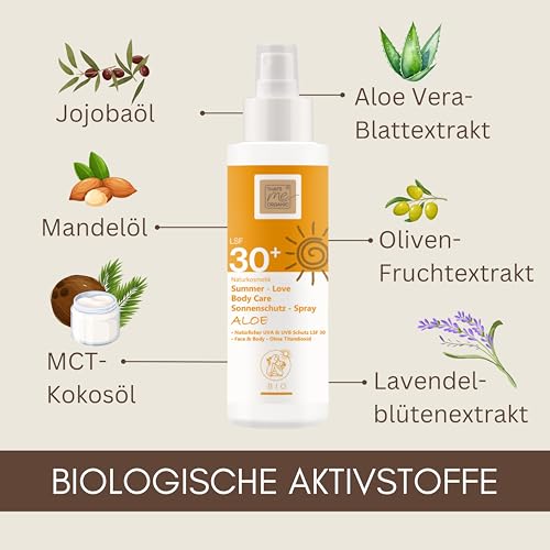 Thats me organic BIO Sonnenspray LSF 30 SUMMER-LOVE Aloe 100ml – Bio Sonnencreme für die ganze Familie – Sonnenspray Gesicht und Körper – Ohne Titandioxid – Bio Sonnencreme ohne Chemie