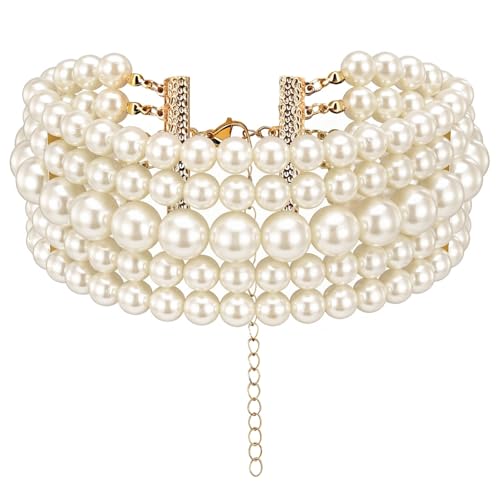 Yolev 5 Layers Boho Round Imitation Pearl Choker Necklace Vintage Multi Strands Pearl Collar Pearl Choker Necklaces for Women Bridal Wedding 20s Flapper Themed Party