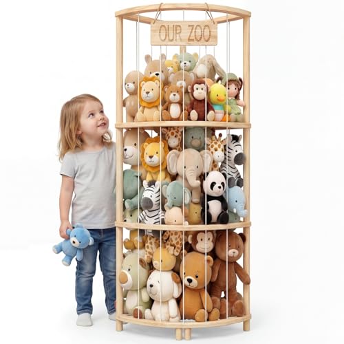 Corner Stuffed Animal Storage Tower Large Wooden Plush Toy Storage Zoo Arc Corner Display for Nursery & Playroom Vertical Stuffed Animal Holder for Plushies Teddy Bears & Toys with Wall Anchors
