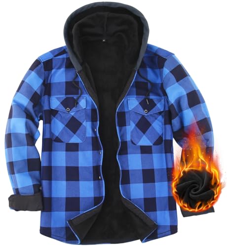 Boyzn Hemdjacke Herren mit Kapuze Flanellhemd Kariertes Jacke Warm Gefüttert Fleecejacke Freizeithemd Hoodie Herren Winterjacke mit Taschen Outdoor Sweatjacke Blue-Q1-3XL