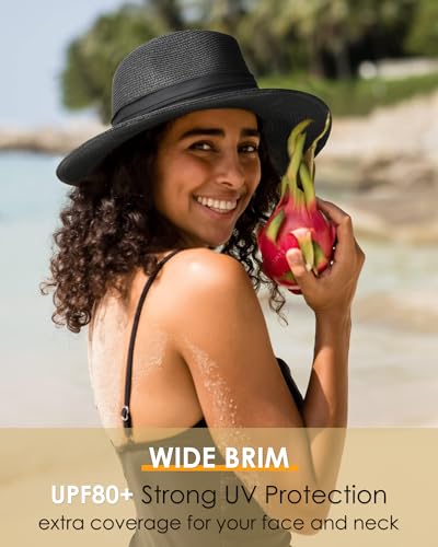 FURTALK Panama Hat Sun Hats for Women Men Wide Brim Fedora Straw Beach Hat UV UPF 80+