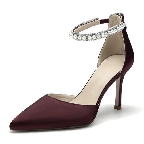 Image of Pointed Toe Pearl Wedding Shoes for Bride White High Heels Satin Bridal Shoes Zipper Back Evening Party Dance Dresses Shoes Pumps for Women