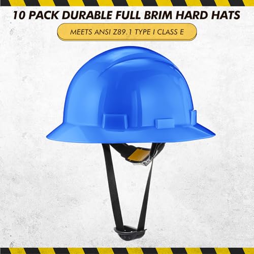 Saysurey 10 Pack Full Brim Hard Hat, Sky Blue Construction Hard Hat, HDPE Safety Helmet with 6-Point Adjustable Ratchet Suspension for Men and Women