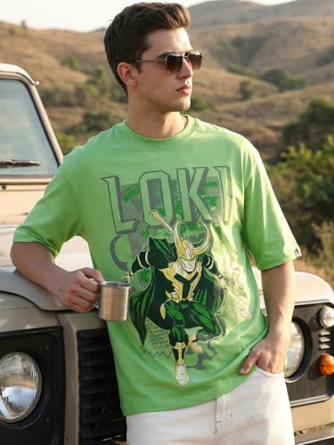 Image of Bewakoof X Marvel Loki Men's Cotton Graphic Print Oversized Fit Half Sleeve Round Neck T-Shirt | Casual Wear | Street Wear | Oversized t Shirt for Men Cotton | Baggy