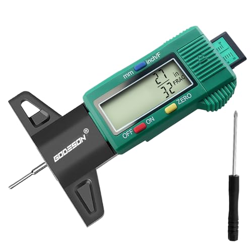 Image of GODESON Tire Tread Depth Gauge - Large LCD Screen with Inches /Millimeters /Fraction Units, Zero Reset Function, Digital Tire Depth Gauge for Car, Truck, SUV, Green Tread Wear Measurement - 0-25.4mm