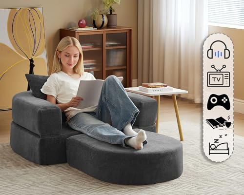 Folding Sofa Bed Chair, 2 in 1 Convertible Sofa to Lounger, High Density Foam Single Floor Sleeper Chair for Living Room, Apartment, Dorm, Small Spaces, Chenille Fabric and Wide Armrest, Grey