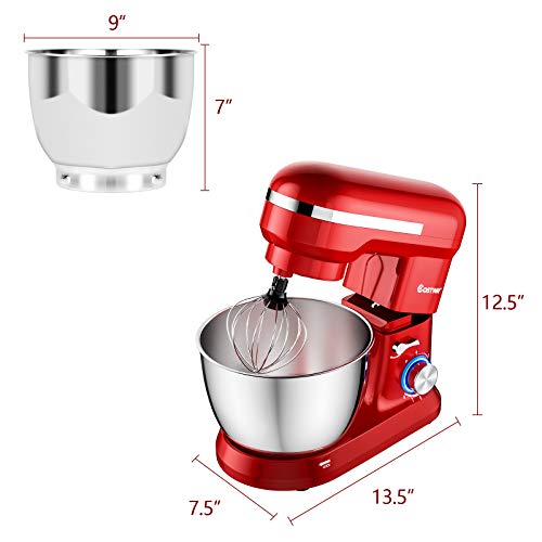 COSTWAY Tilt-Head Stand Mixer, 8-speed Food Mixer with Pulse Function, Multifunctional Kitchen Electric Mixer with Dough Hook, Whisk, Beater, Stainless Steel Bowl & Splash Guard (Red)