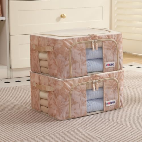 Image of HOKIPO 24L(S) Clothes Storage Box, 600D Oxford Fabric Organiser for Wardrobe, Beige Botanica Pack of 2 (AR-6484-BGE*2)