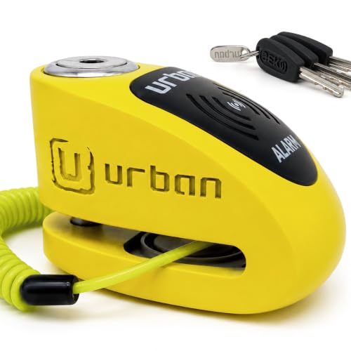 Image of Urban UR910Y Motorcycle Lock with /Without Alarm 120 dB, Yellow+Black Painted Stainless Steel +Deterrent, SRA & Sold Secure Gold Approved, Double Lock O10 mm, CR2 Battery, Wheel Disc Brake