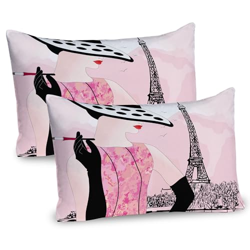 Ambesonne Paris Themed Pillow Sham Set of 2, Lady with Hat in Front of Eiffel Tower Blushy Tone Design Modern, Quality Microfiber Bedding Item for All Seasons, 26