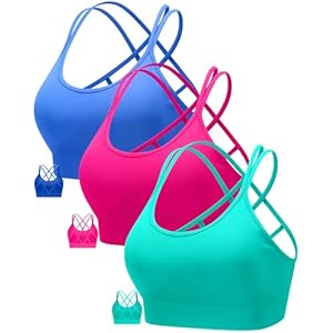 RUNNING GIRL Sports Bras for Women Pack Criss Cross Back Sexy Strappy Sports Bra Seamless Padded Yoga Bra with Removable Cups Small 3pack Green/Pink/Blue