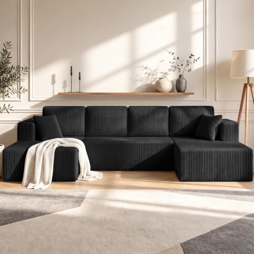 Image of 130 inch Boneless Couch U-Shaped Sectional Sofa, Black