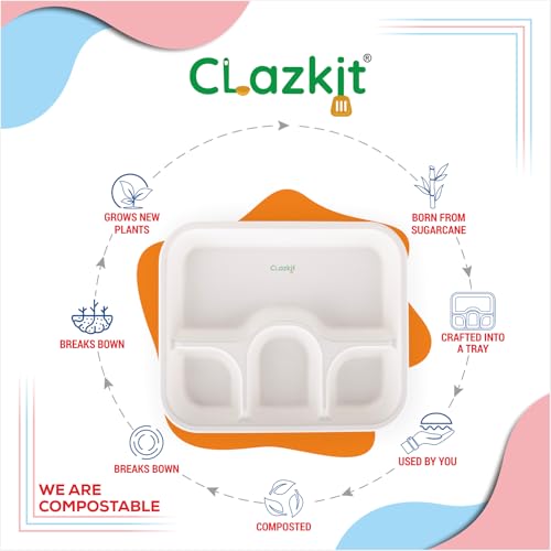 Image of Clazkit 25 Pack, 4-Compartment Disposable Meal Tray | Compostable Bagasse Plates | Eco-Friendly Biodegradable Dinner Plates | Party, Wedding, Event Plates