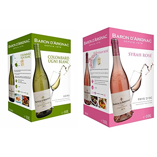 Baron d'Arignac - Vin Blanc 10L - Vin de Pays du Gers - France - Bag in Box BIB 10L (1 x 10L) & Vin rosé 10L Syrah IGP Pays d'Oc - Bag in Box BIB 10L (1 x 10L)