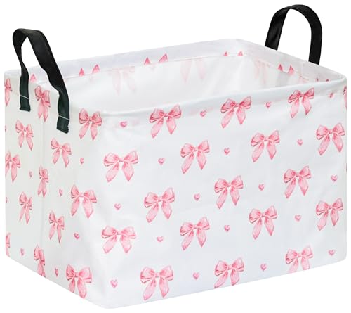 Image of Pink Bow Canvas Storage Basket Waterproof Laundry Hamper with Leather Handles Collapsible Decorative Bin for Girls Bedroom Toys Clothes Gift Giving