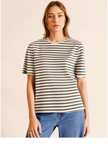 Image of Mack Jonney Oversized | Loose Fit | Half Sleeves 100% Cotton Round Neck Striped T-Shirt for WOMEN-MACK640558