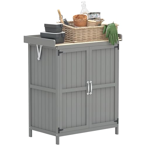 Outsunny Gartenschrank Holz, Geräteschuppen wetterfest 74x43x88cm, Gerätehaus mit Klappdach Ablagen, Arbeitsfläche, Geräteschrank, Gartenhaus Werkzeugschrank Gartenschuppen für Garten, Grau
