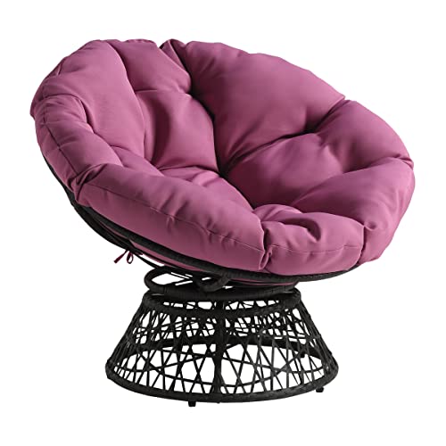 Image of OSP Home Furnishings Wicker Papasan Chair with 360-Degree Swivel, 40 inch W x 36 inch D x 35.25 inch H, Grey Frame with Purple Cushion